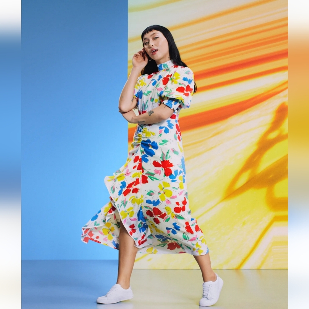 NWOT Rixo Target Abstract Floral Mock Neck Ruffle Midi Dress Size 8 Multicolored